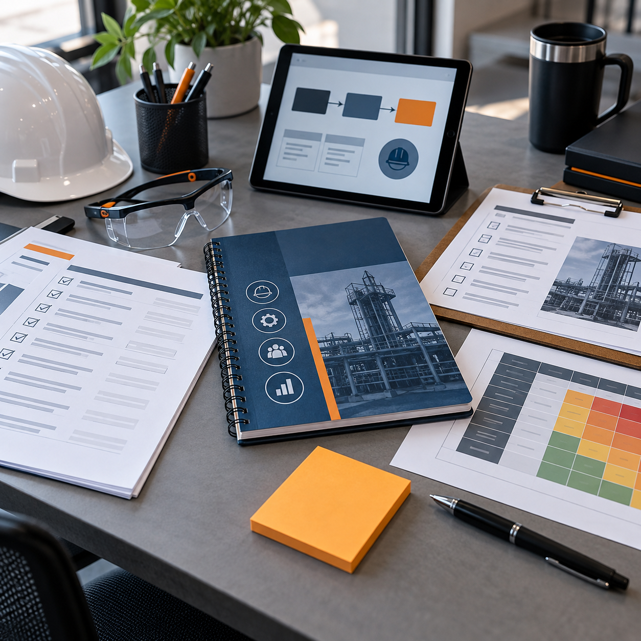 Kit de materiais práticos com checklist, tablet, capacete e documentos de implementação
